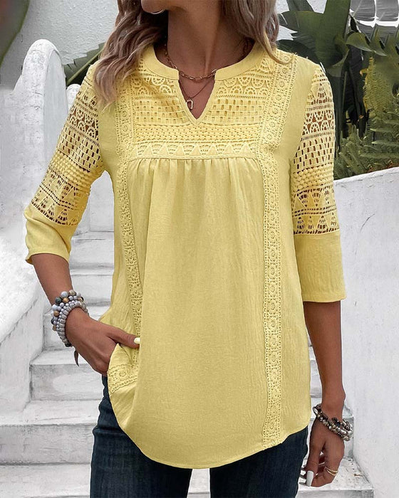 Hollow 3/4 sleeve solid color top