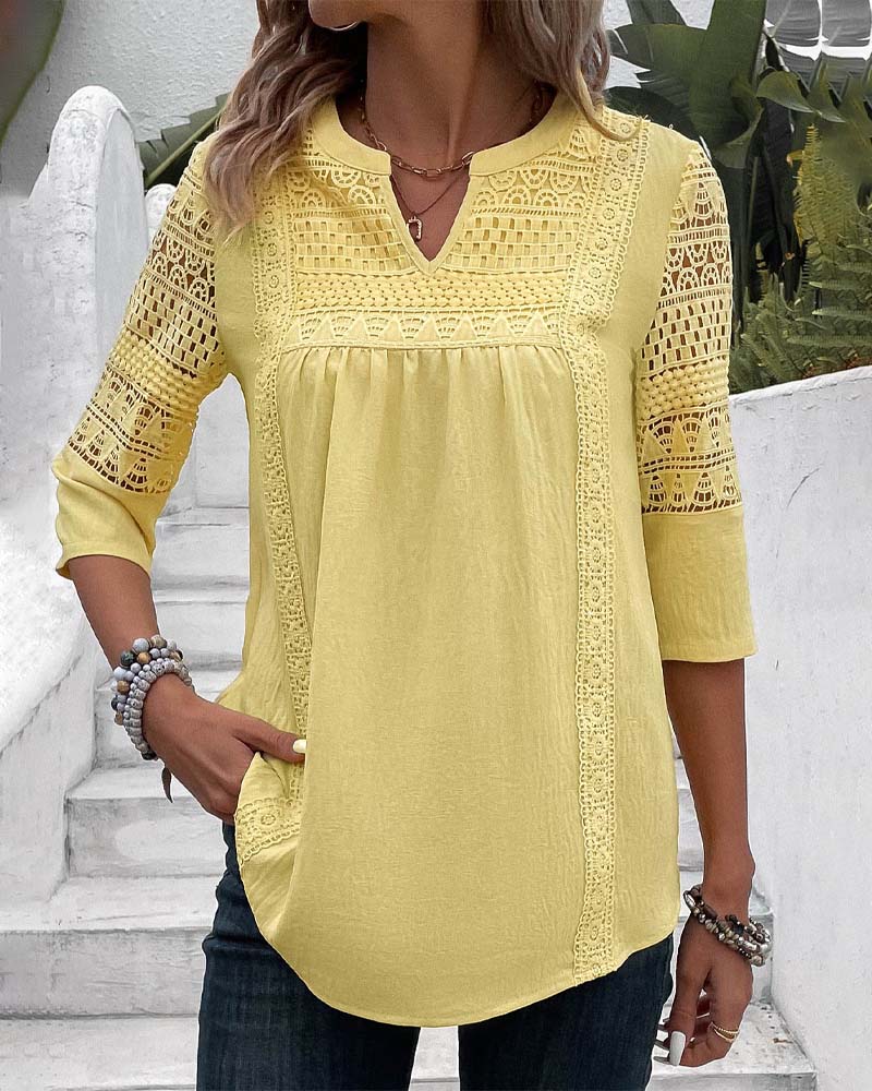 Hollow 3/4 sleeve solid color top