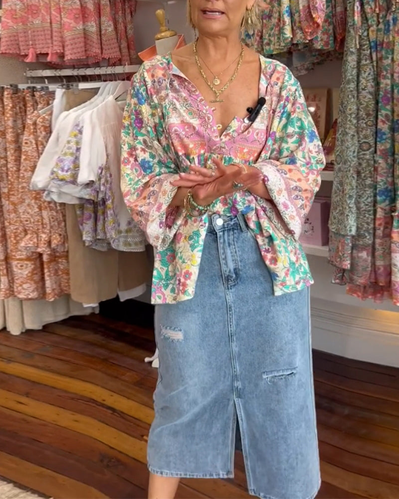 Colorful floral print casual blouse