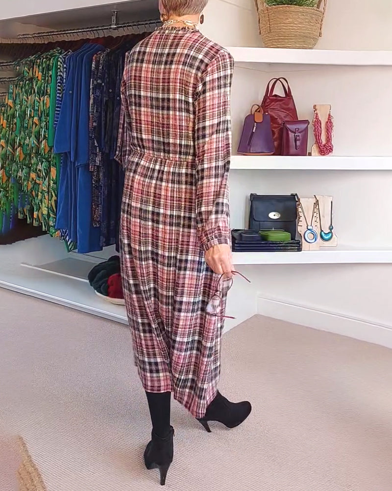 Long-Sleeved V-Neck Plaid Dress