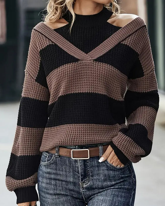Off-The-Shoulder Striped Fashionable Jumper