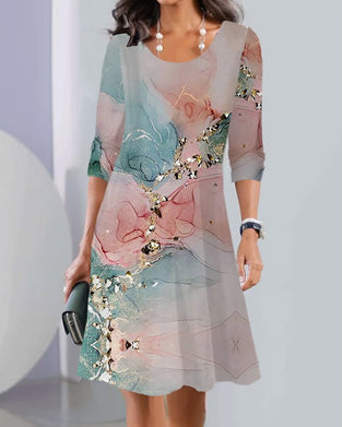 Printed long sleeve crew neck dress