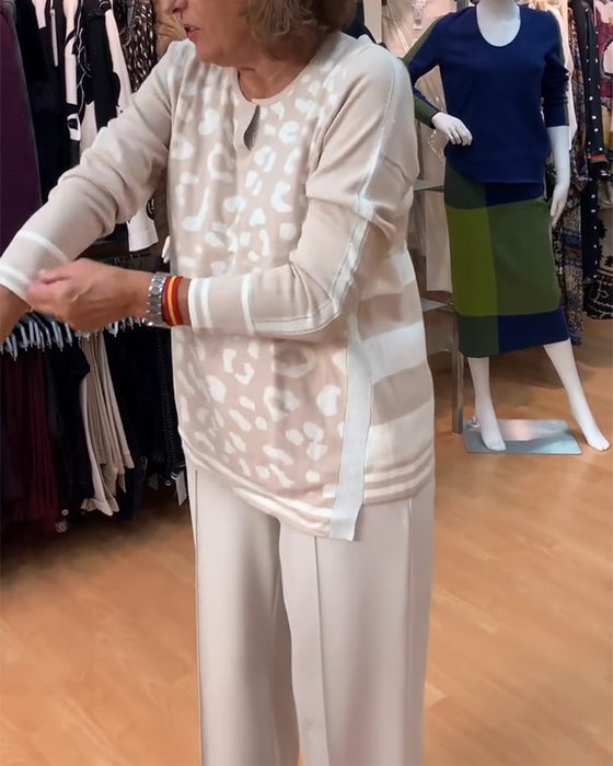 Leopard Pattern Color-Blocking Pullover