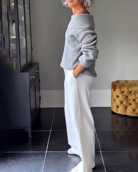 Solid Color Long-Sleeved One-Shoulder Jumper