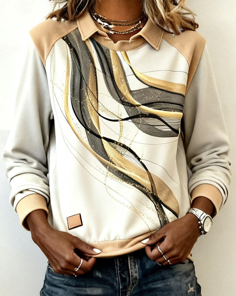 Long-Sleeved Lapel Printed Sweatshirt