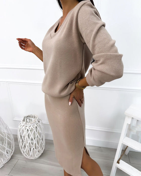 V-Neck Elegant Midi Skirt Fashion Set