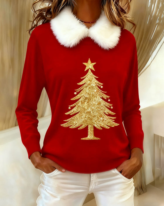 Fur-Collar Printed Long-Sleeved Top