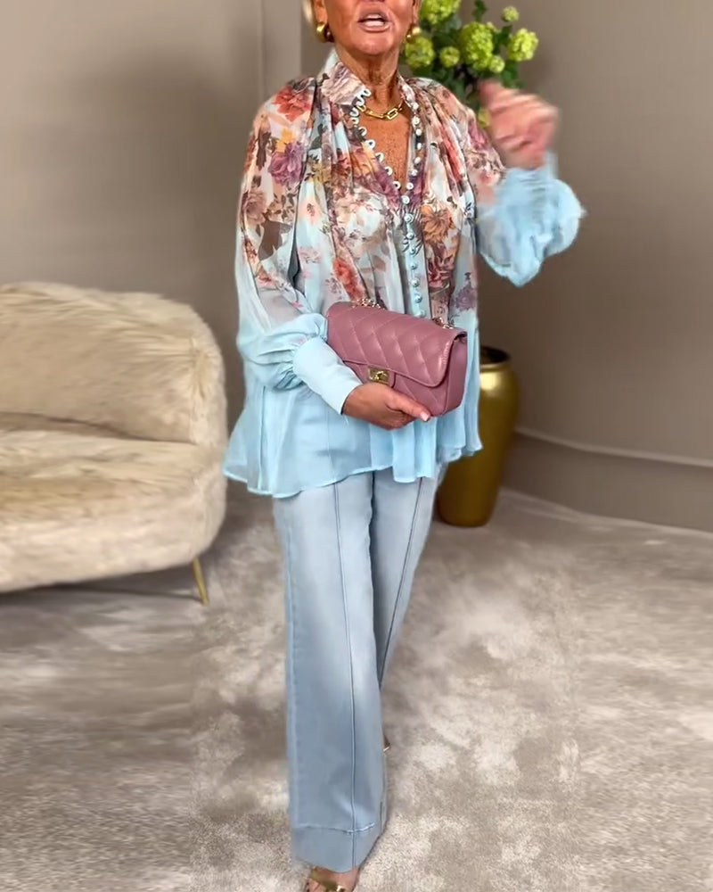 Lantern Sleeve Stand Collar Print Shirt