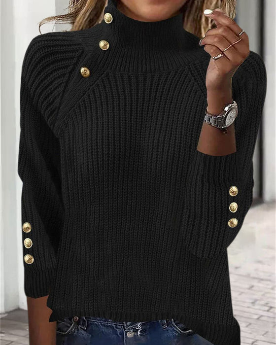 High-Neck Metallic-Button Solid-Color Sweater