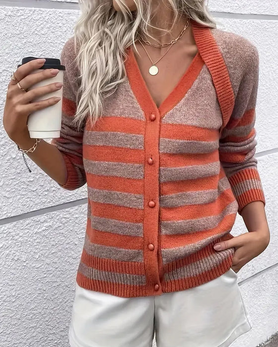 Long-Sleeved Striped V-Neck Cardigan