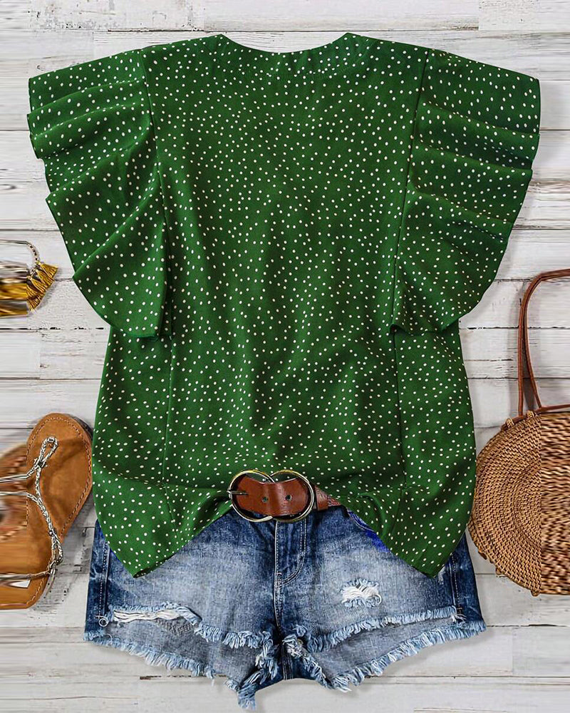 Ruffle Sleeve V-Neck Polka Dot Blouse