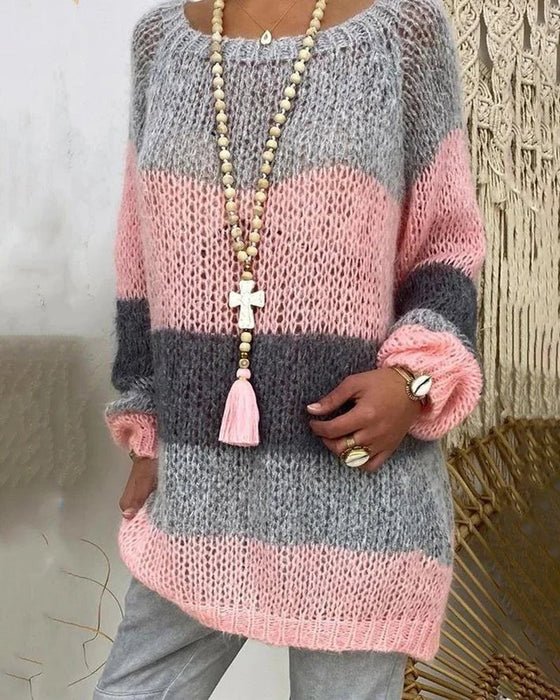 Round neck color block pullover