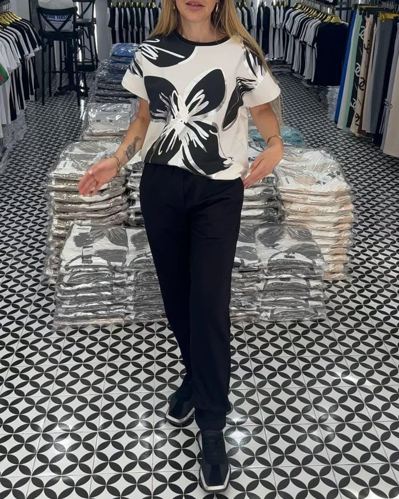 Floral print crewneck casual t-shirt