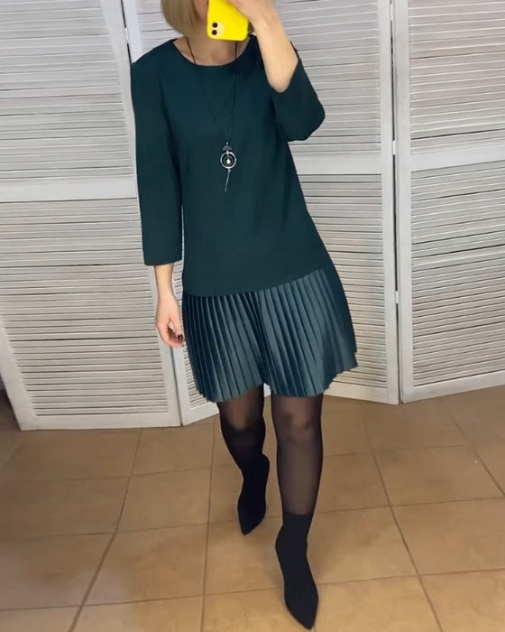 Pleated patchwork solid color dress
