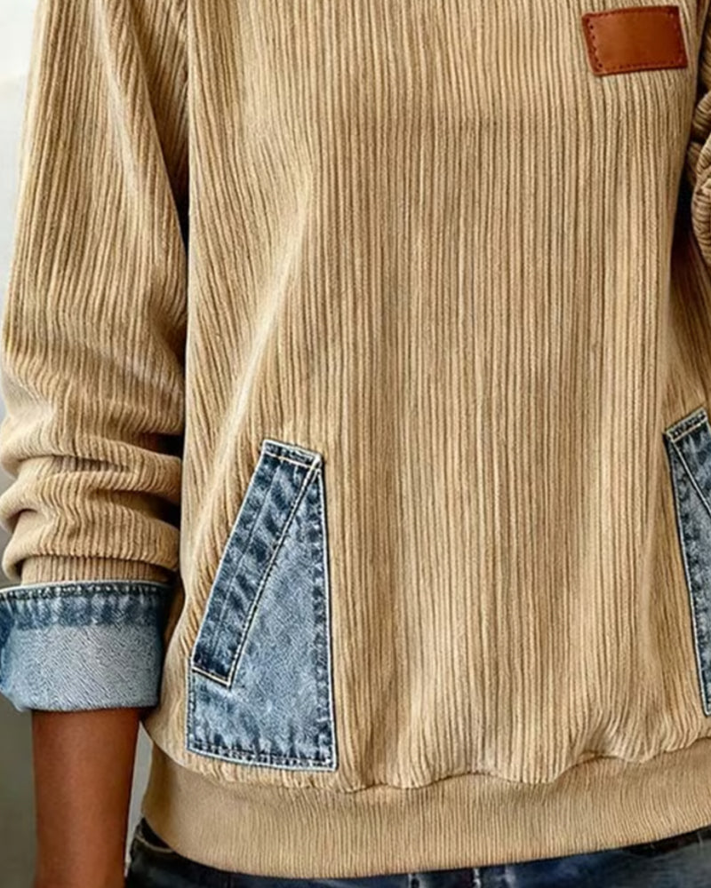 Casual Long-Sleeved Denim Pocket Sweatshirt