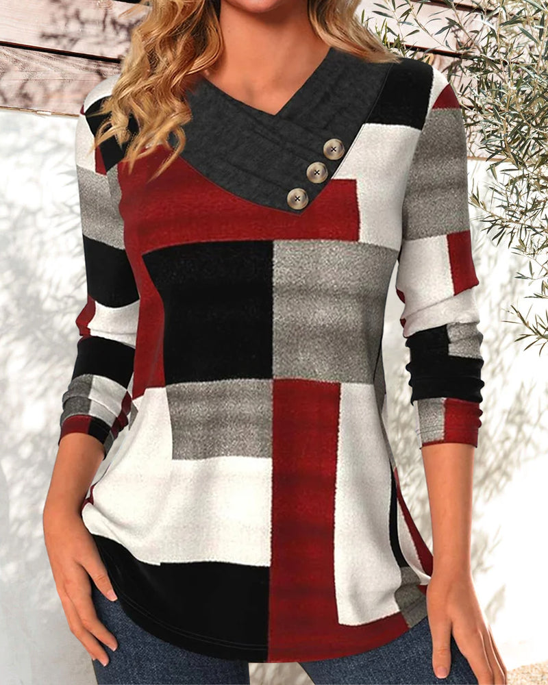 Colorblock Top V-Neck Long Sleeves