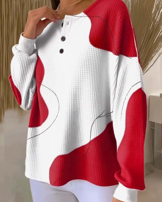 Buttoned Drop Shoulder Color Block Sweatshirt