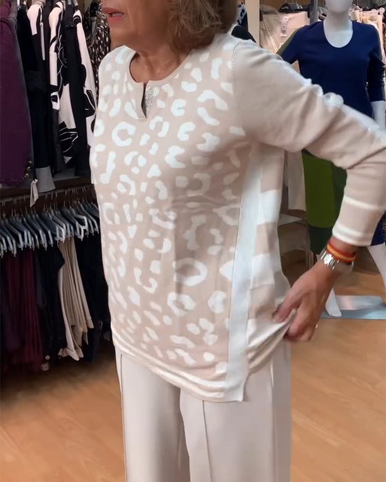 Leopard Pattern Color-Blocking Pullover