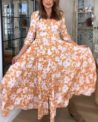 V-Neck Floral Print Maxi Dress