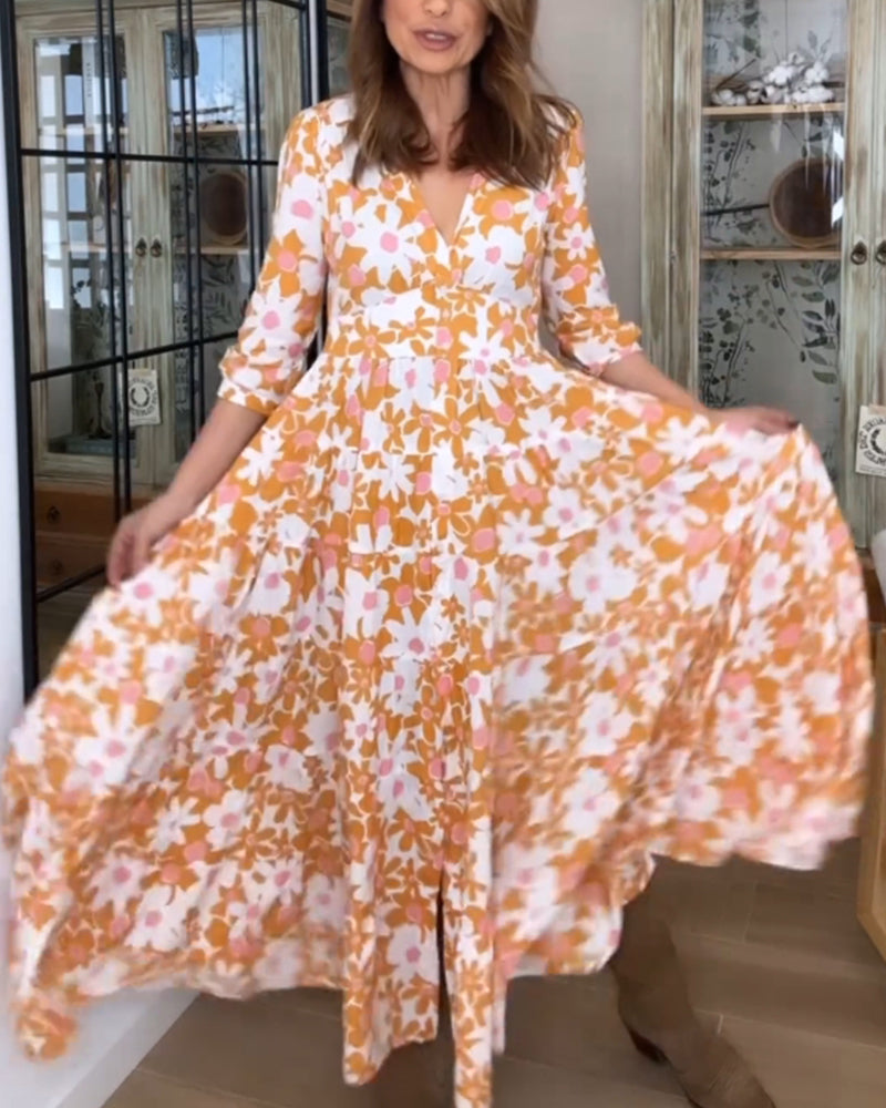 V-Neck Floral Print Maxi Dress