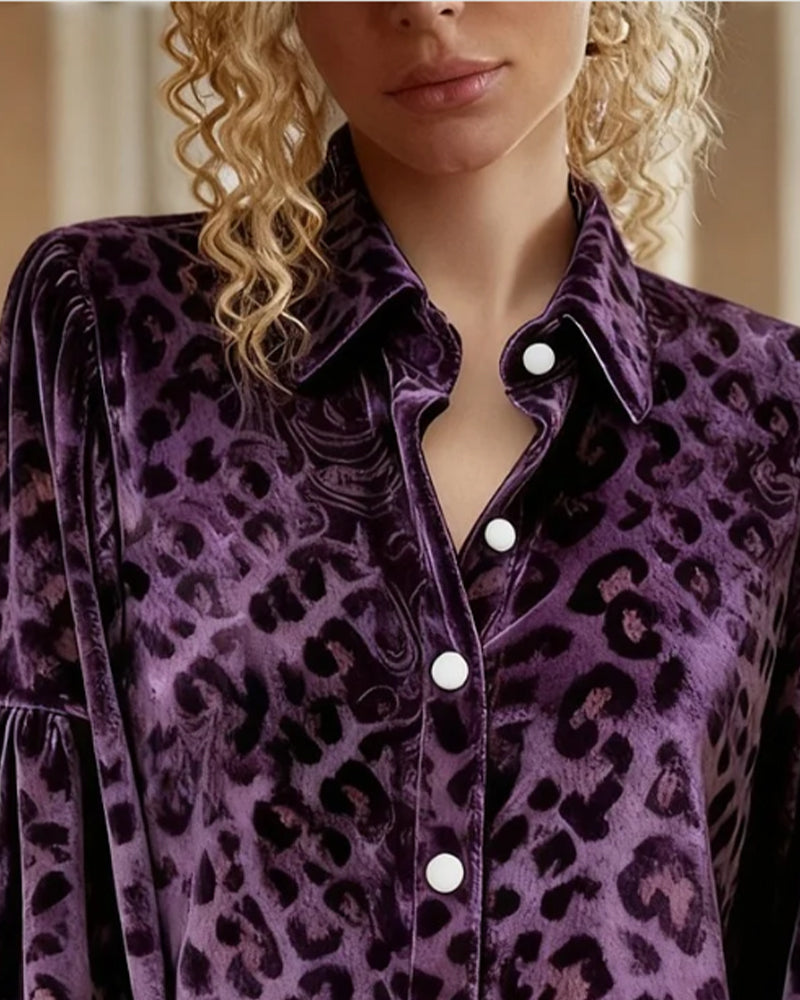 Lantern-Sleeve Leopard-Print Shirt