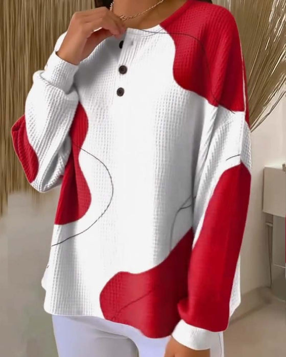 Buttoned Drop Shoulder Color Block Sweatshirt
