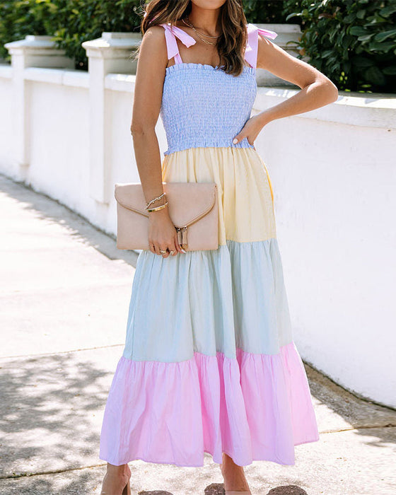 Contrast color patchwork suspender dress