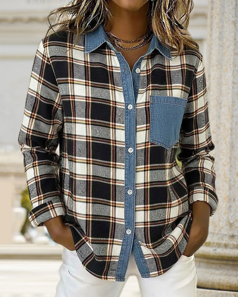 Plaid Denim Patchwork Shirt