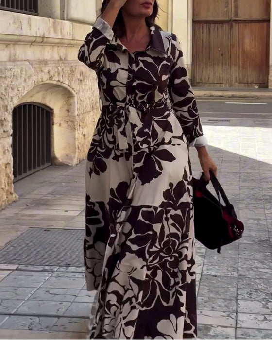 Lapel Leaf Print Maxi Dress