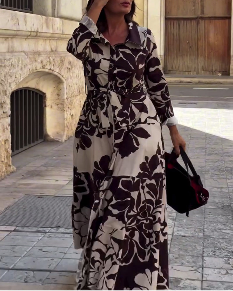 Lapel Leaf Print Maxi Dress