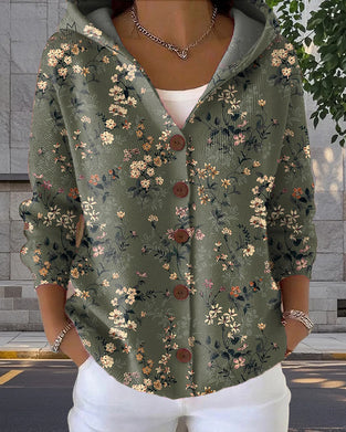 Casual Hooded Printed Button Cardigan