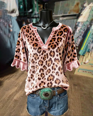 V-Neck Leopard Print Short-Sleeved Blouse
