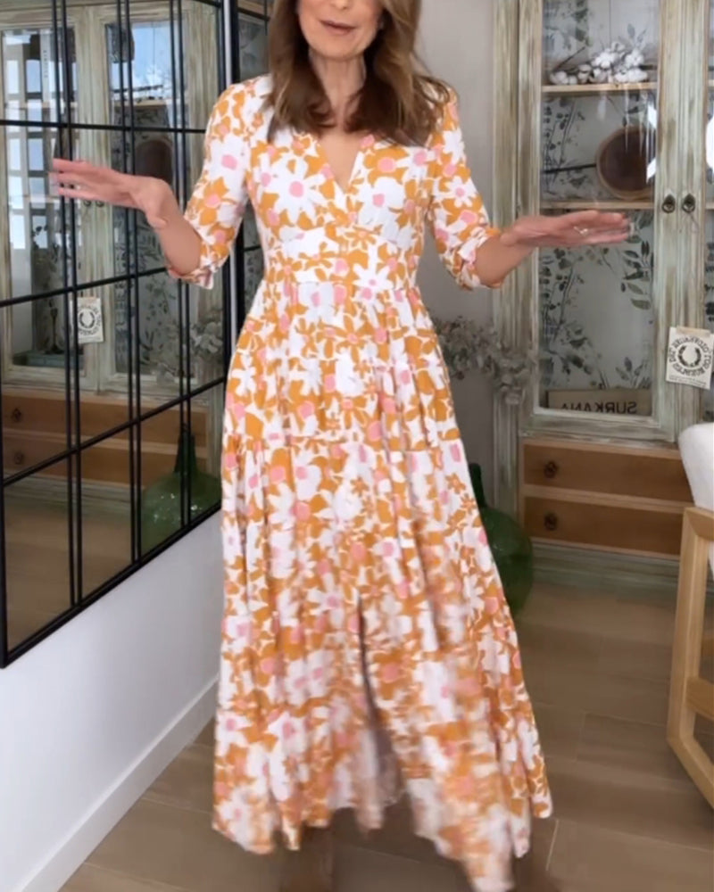 V-Neck Floral Print Maxi Dress