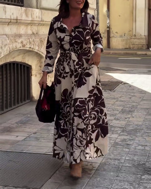 Lapel Leaf Print Maxi Dress