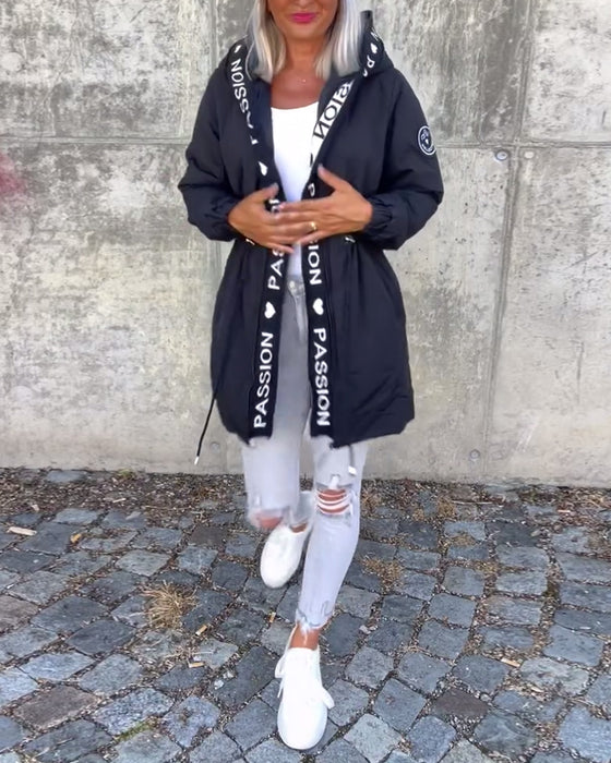 Casual letter print drawstring hooded coat