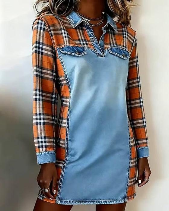 Plaid Contrast Lapel Dress