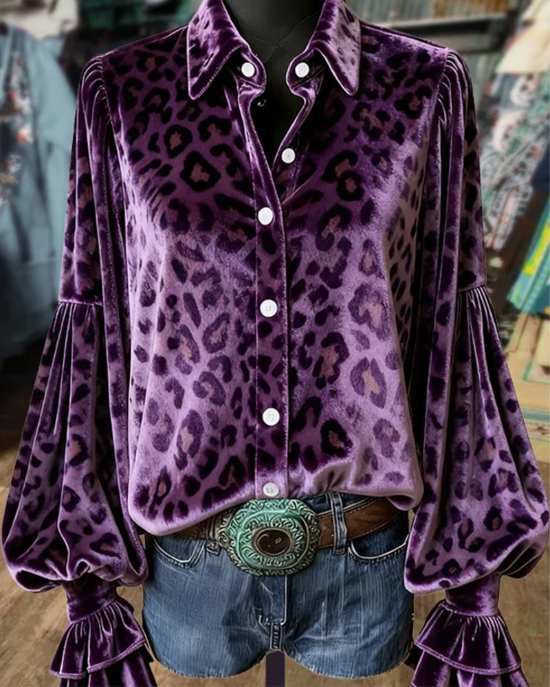 Lantern-Sleeve Leopard-Print Shirt