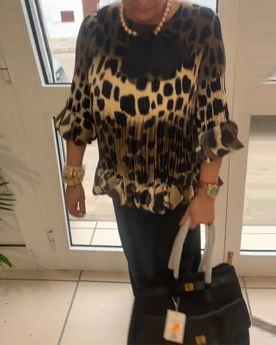 Trendy Leopard Print Pleated Blouse
