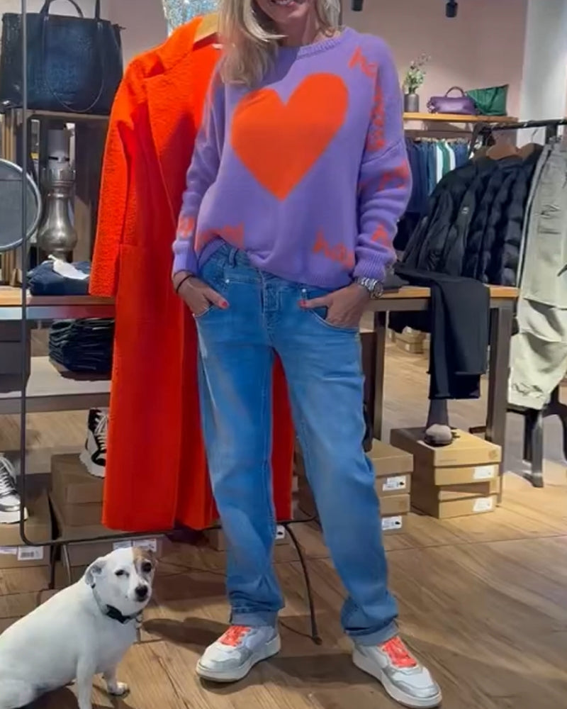 Long sleeve heart print sweater