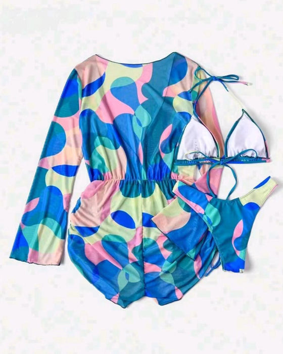 Cover Up Printed Bikini Three-Piece Swimsuit
