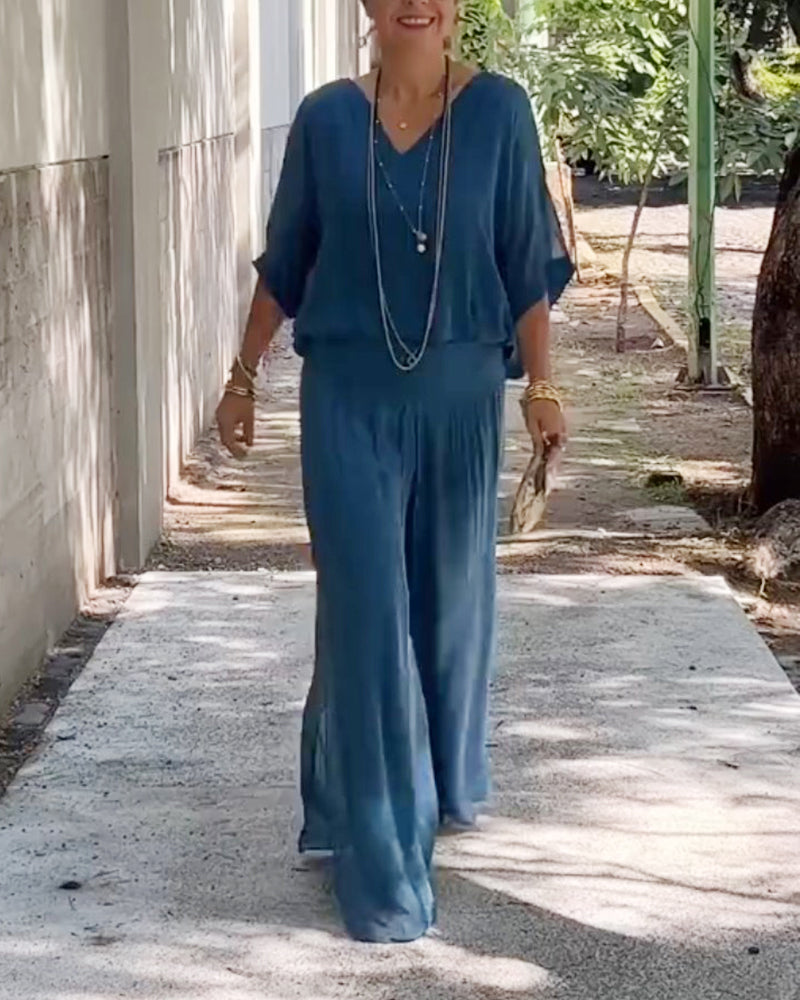 Solid color V-neck casual two-piece suit