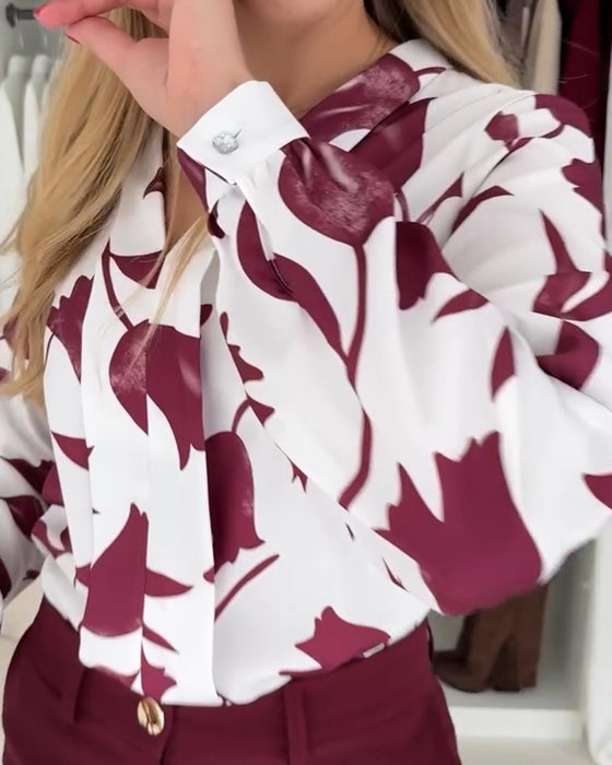 V-Neck Stylish Leaf Print Blouse