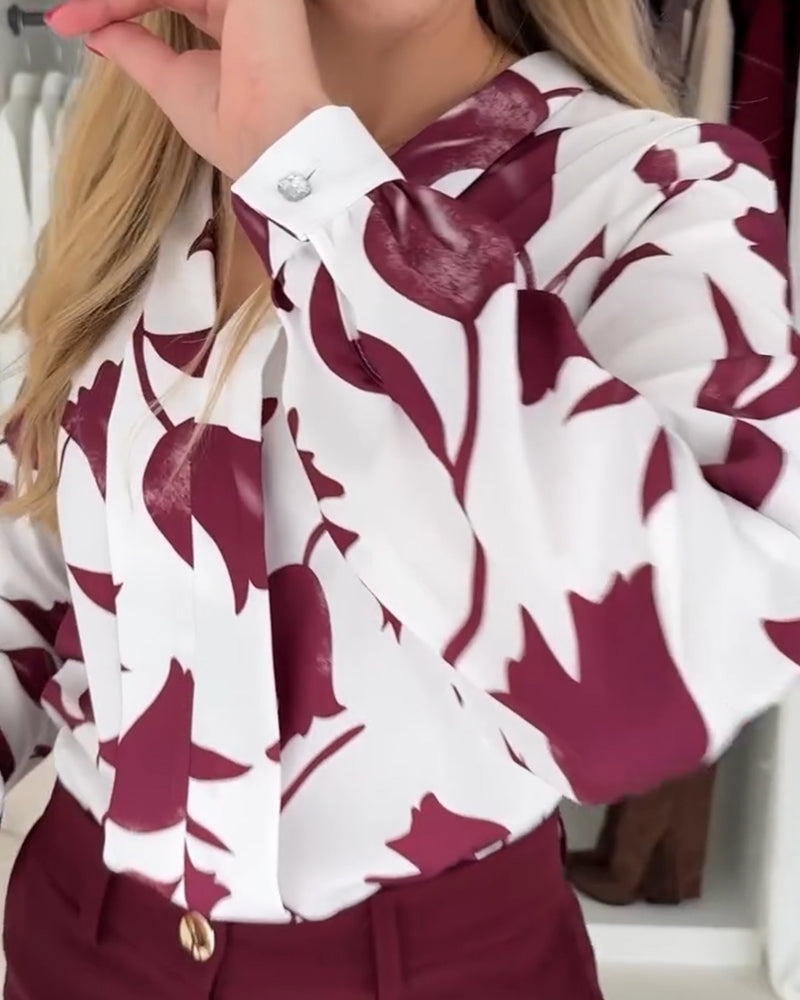 V-Neck Stylish Leaf Print Blouse
