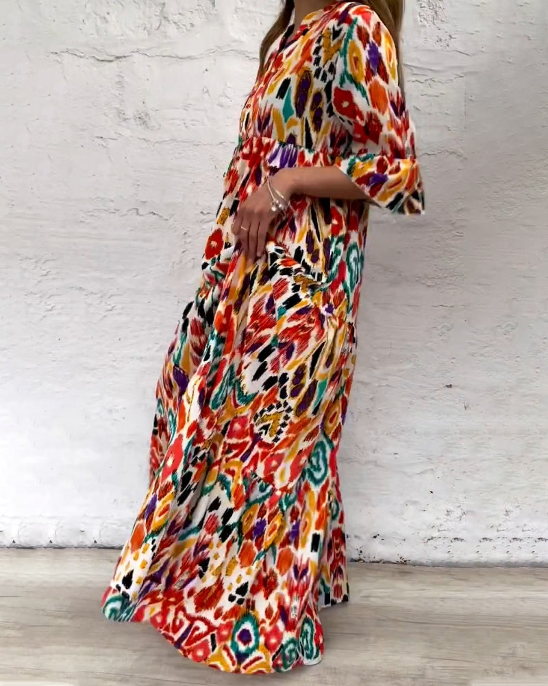 Color Print A-Line Dress with V-neck