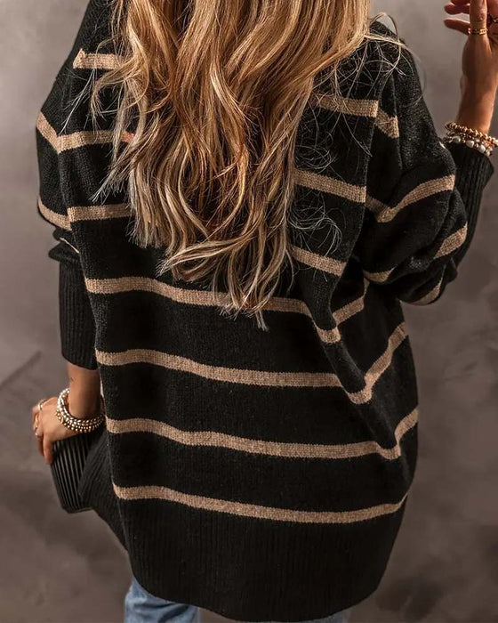 V-Neck Long-Sleeved Striped Cardigan