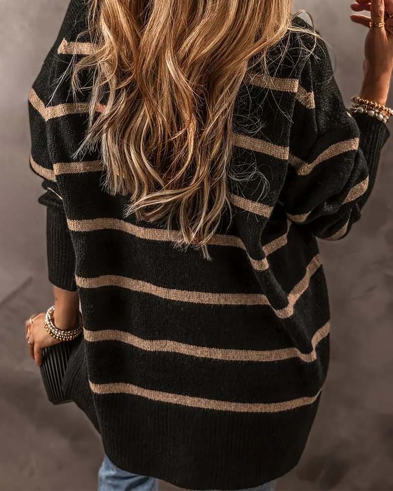 V-Neck Long-Sleeved Striped Cardigan