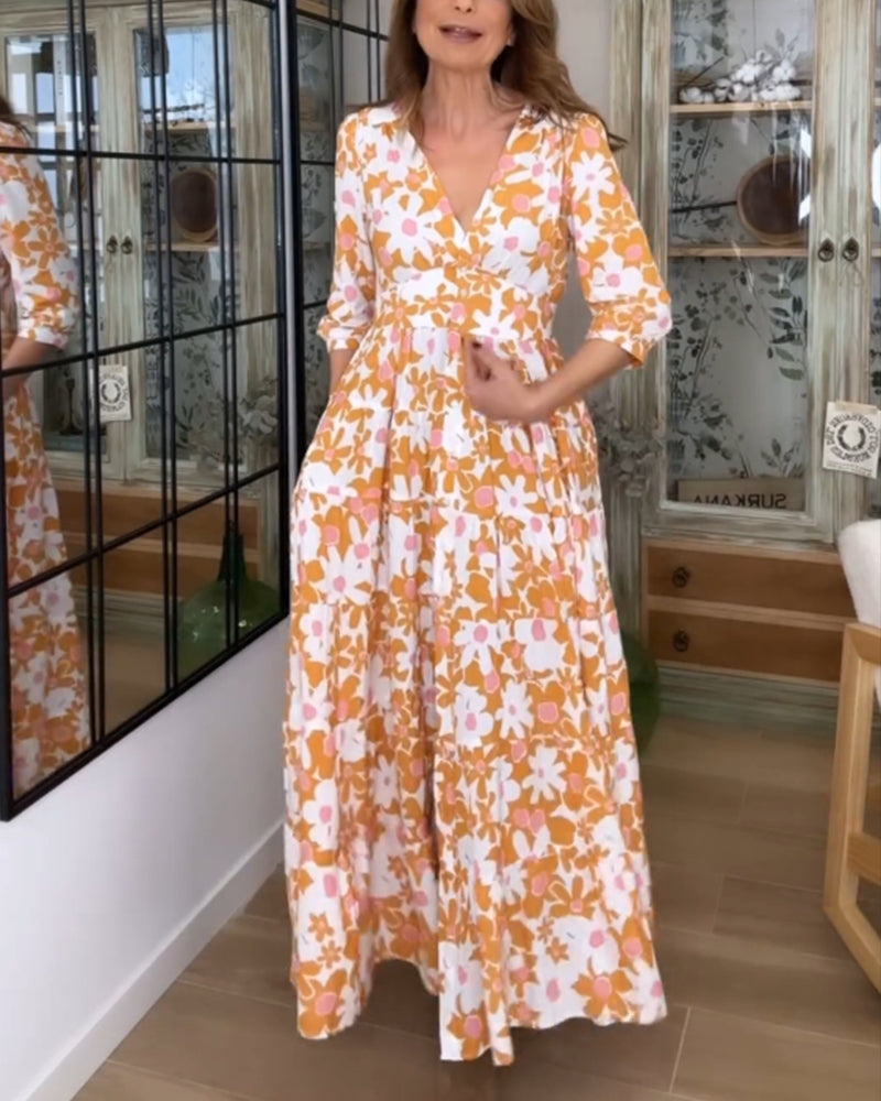 V-Neck Floral Print Maxi Dress