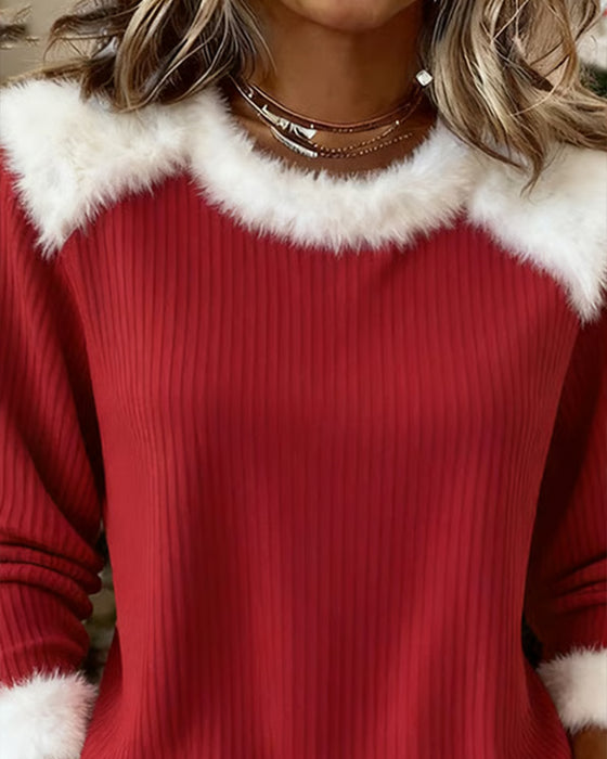 Patchwork Furry Round Neck Sweatshirt