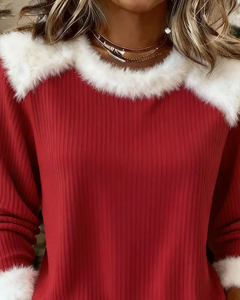 Patchwork Furry Round Neck Sweatshirt