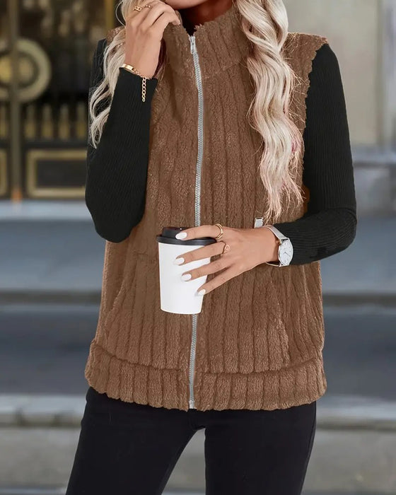 Cozy Plush Stand Collar Vest Coat